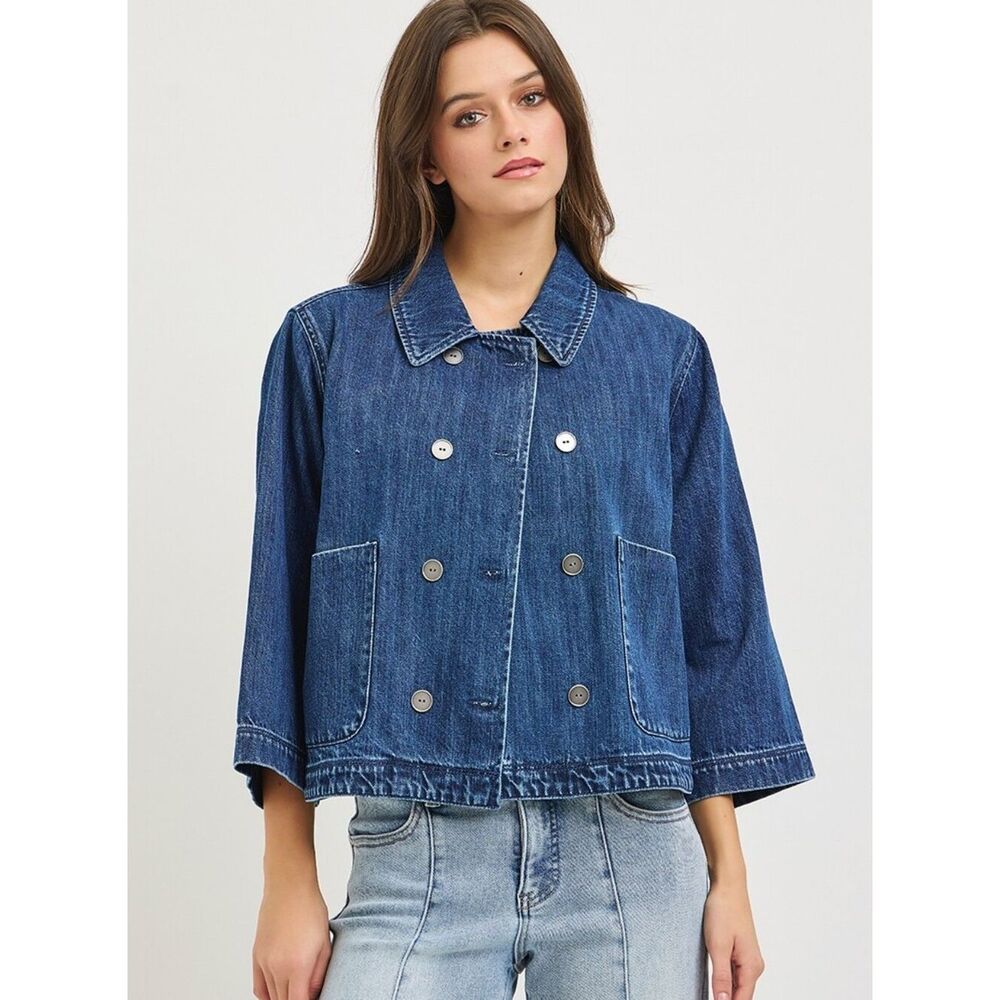RISEN Double-Breasted Cropped Jean Boxy Dark Rinse Denim Jacket - Blue